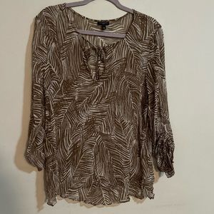 TALBOTS Women’s Sheer Silk Shell Top Long Sleeve Brown White Geo Petite Large LP